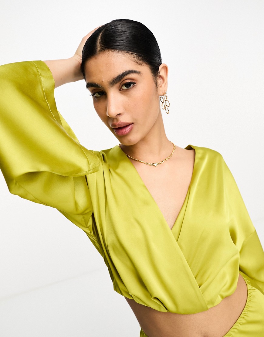 ASOS DESIGN cropped satin shirt co-ord in chartreuse-Yellow