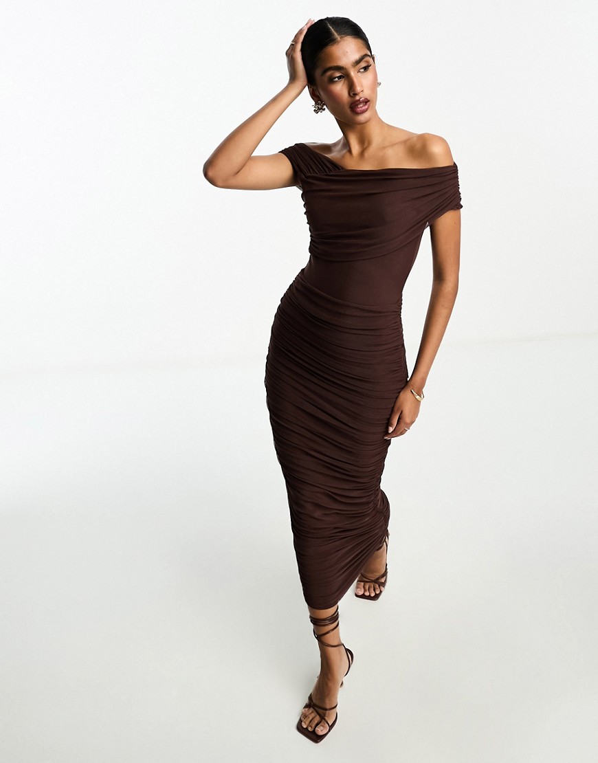 ASOS DESIGN cross over bardot midi dress with ruched skirt in chocolate-Grey