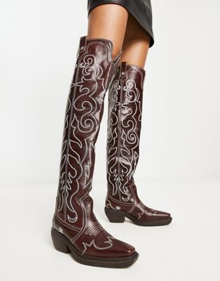 Cuba premium leather swirl stitch western knee boot in brown