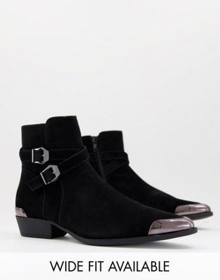 cuban heel western chelsea boots in black faux suede with buckle detail
