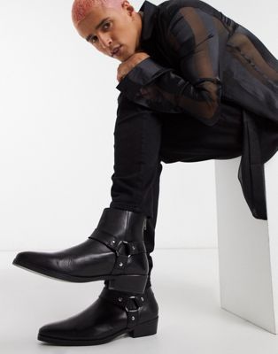 cuban heel western chelsea boots in black leather with buckle detail