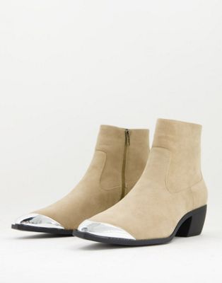 cuban heel western chelsea boots in stone faux suede with angular sole and metal toe cap