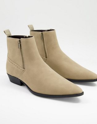 cuban heel western chelsea boots in stone faux suede with zips