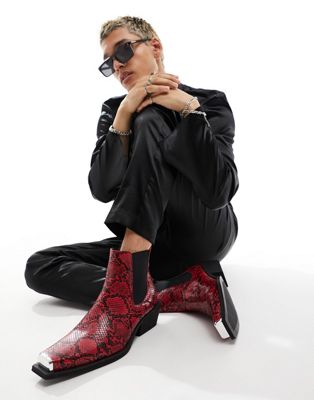 cuban heeled boots in red faux snake skin