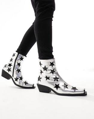 cuban heeled boots in silver faux leather with star details