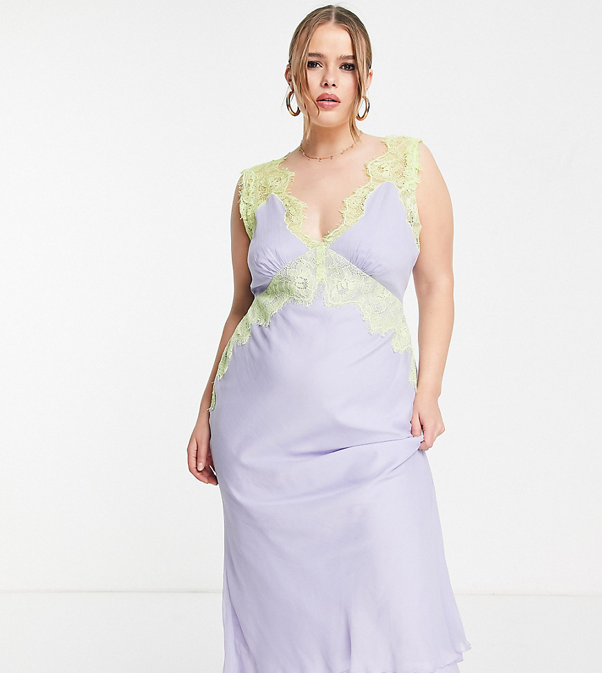 ASOS DESIGN Curve bias cut chiffon midi dress with applique lace in lilac-Purple