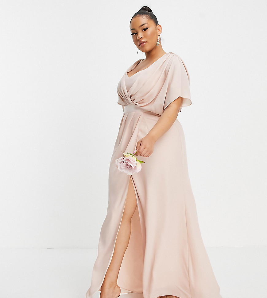 ASOS DESIGN Curve Bridesmaid short sleeved cowl front maxi dress with button back detail-Pink