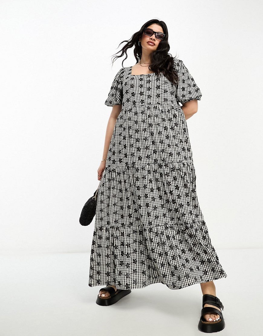 ASOS DESIGN Curve broderie square neck tiered midaxi dress in mono gingham-Multi