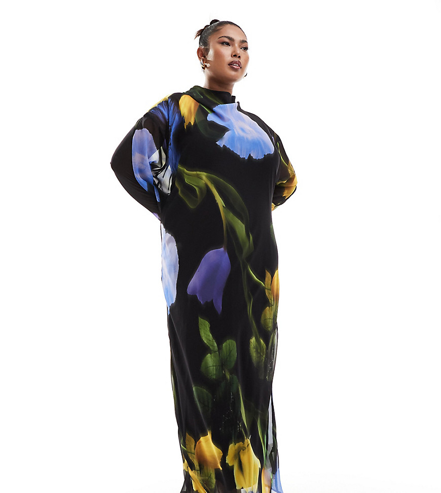 ASOS DESIGN Curve chiffon maxi dress in blurred floral print-Multi