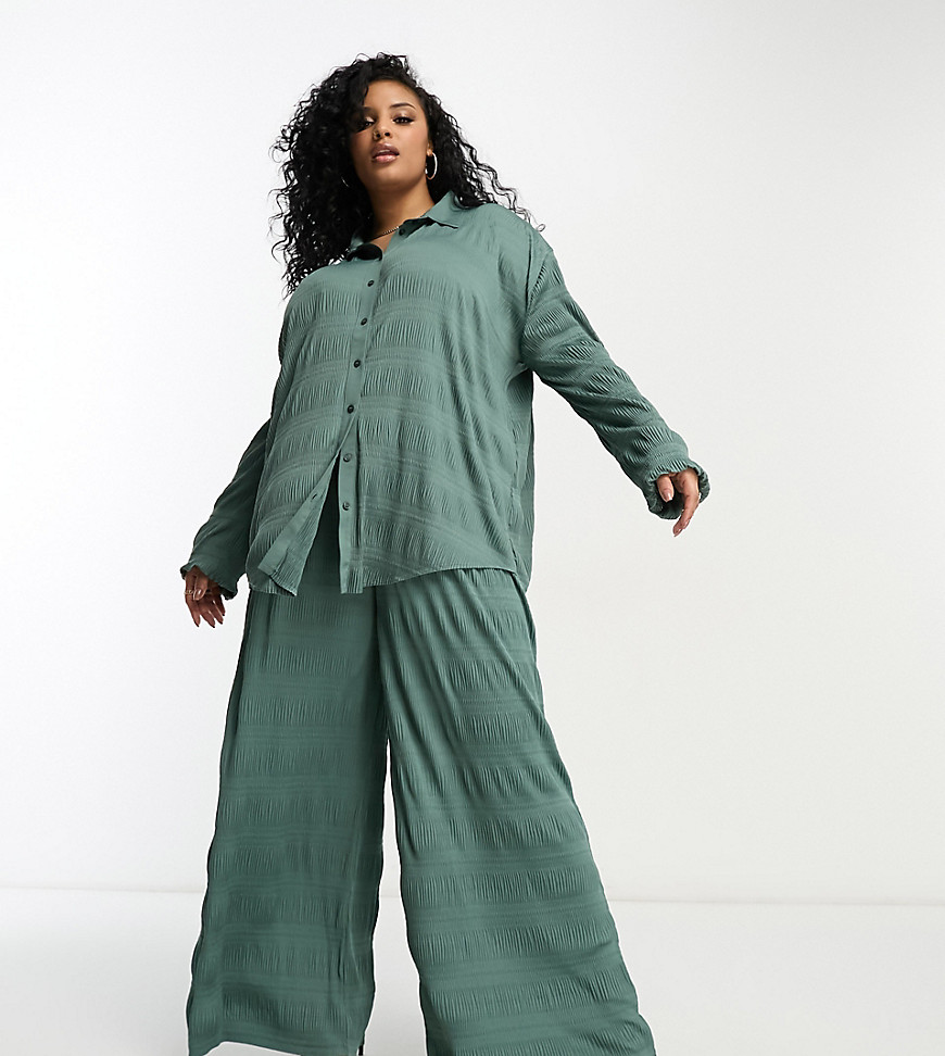 ASOS DESIGN Curve co-ord plisse wide leg trouser in khaki-Green