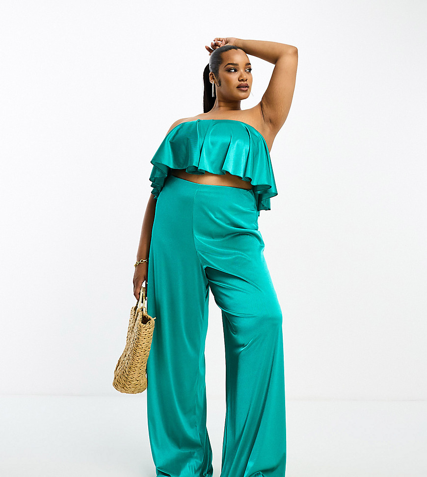 ASOS DESIGN Curve co-ord satin twill floaty wide leg in teal-Blue