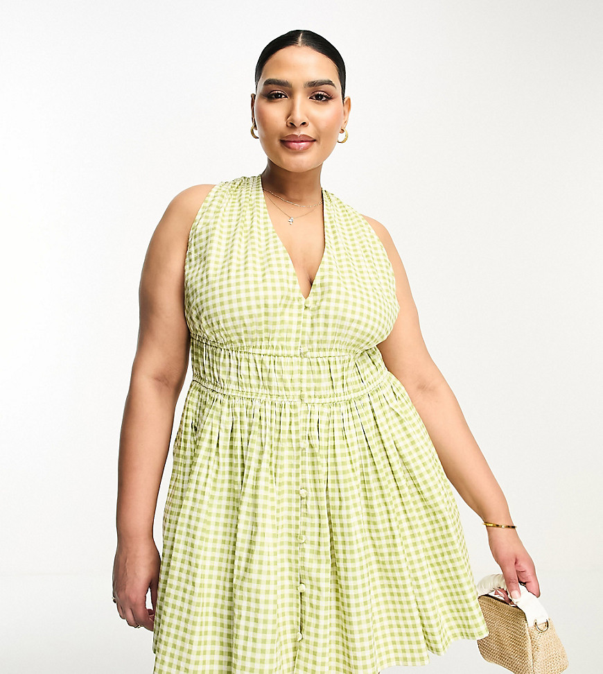 ASOS DESIGN Curve cotton plunge button through mini sundress with elastic channel detail in green gingham-Multi