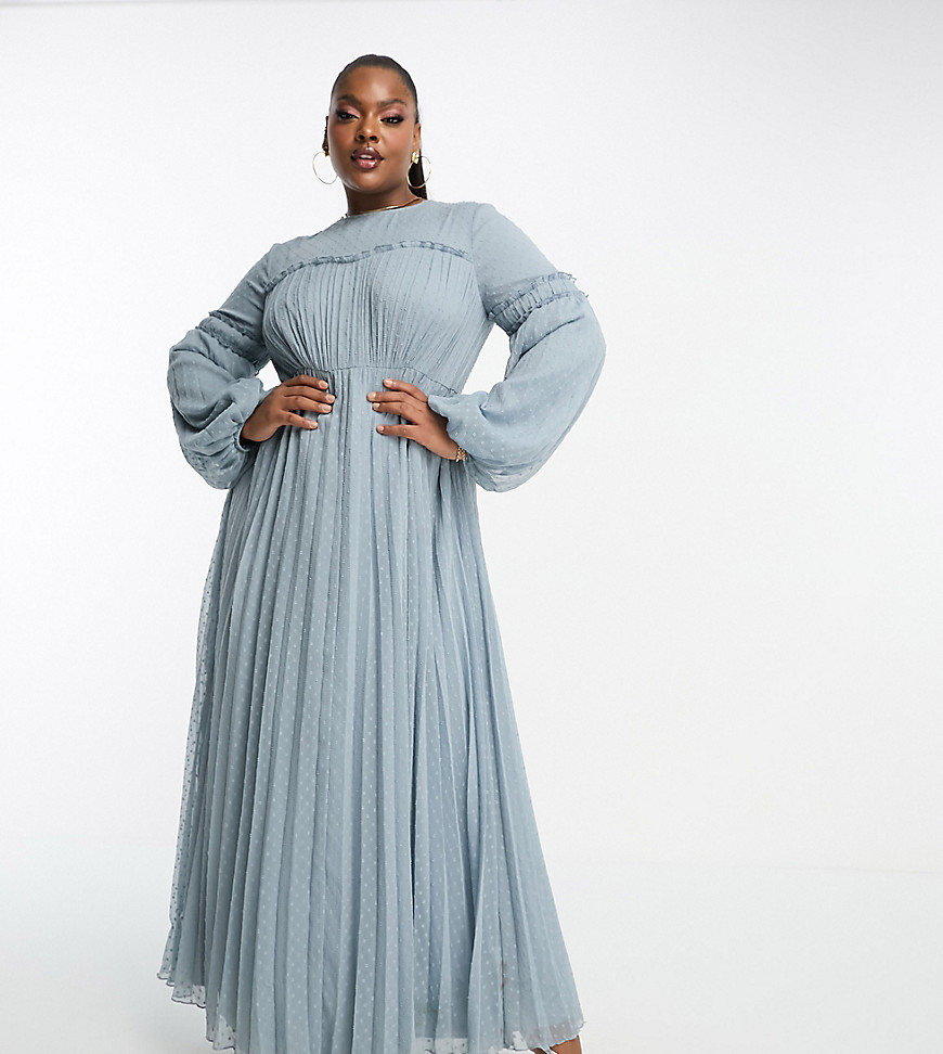 ASOS DESIGN Curve dobby chiffon pleat maxi dress with frill seam detail in pale blue