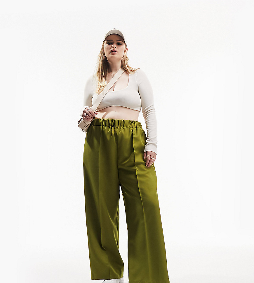 ASOS DESIGN Curve elastic waist tailored trouser in khaki green