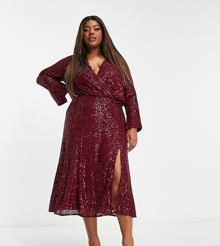 ASOS DESIGN Curve embellished drape detail midi dress with button detail in berry-Red