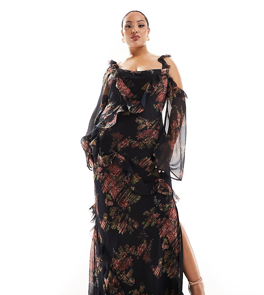 ASOS DESIGN Curve exclusive asymmetric sleeve maxi dress with distressed ruffle detail in blurred floral print-Multi