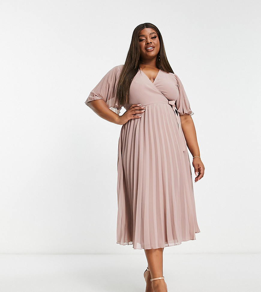 ASOS DESIGN Curve exclusive pleated midi dress with kimono sleeve and tie waist in blush-Pink