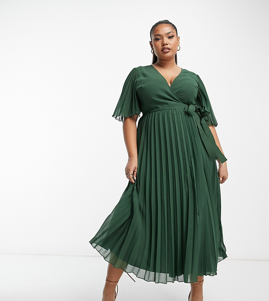 ASOS DESIGN Curve exclusive pleated midi dress with kimono sleeve and tie waist in forest green