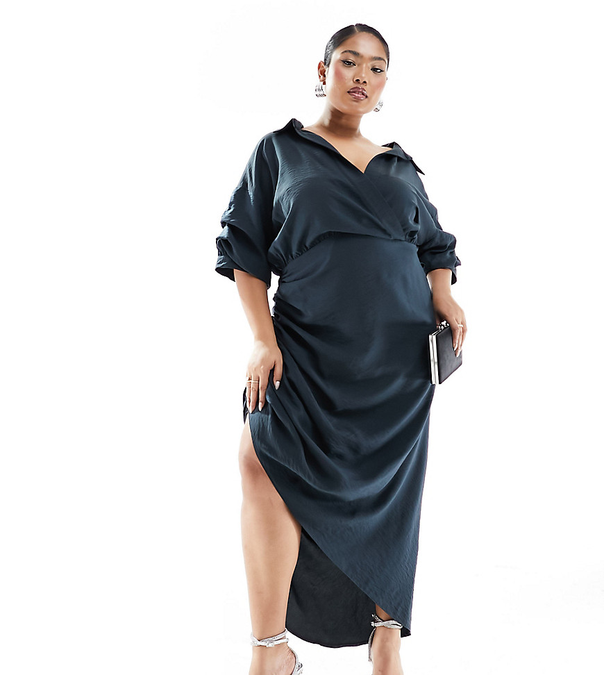 ASOS DESIGN Curve exclusive textured shirt midaxi dress with ruched skirt in charcoal grey