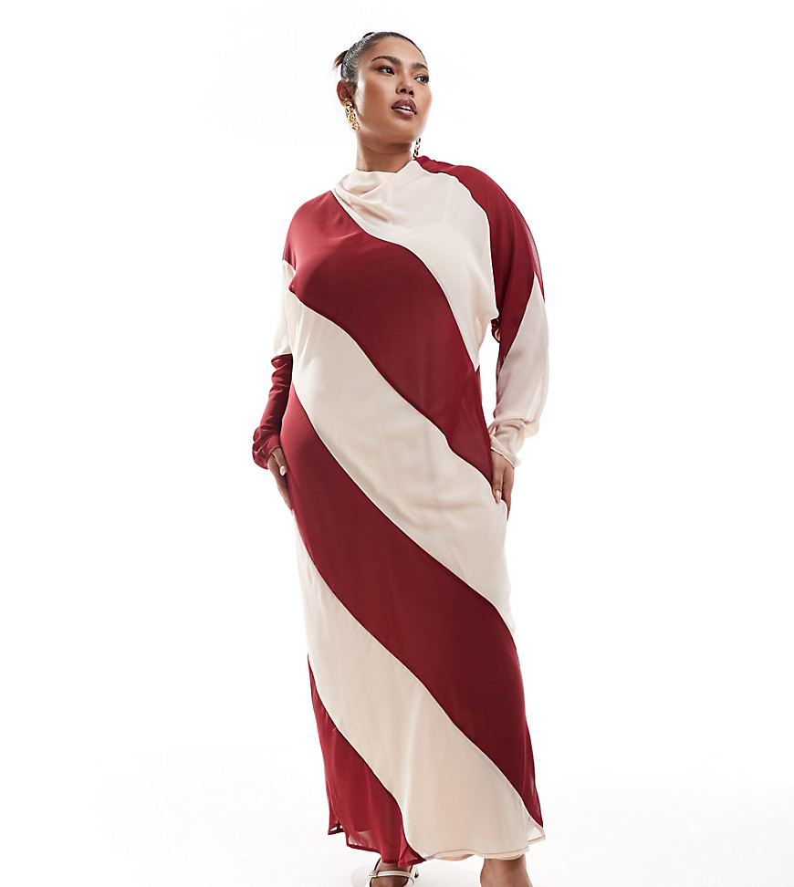 ASOS DESIGN Curve high neck stripe maxi dress in beige and berry stripe-Multi