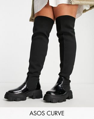 Curve Kimmy flat chunky over the knee boots in black