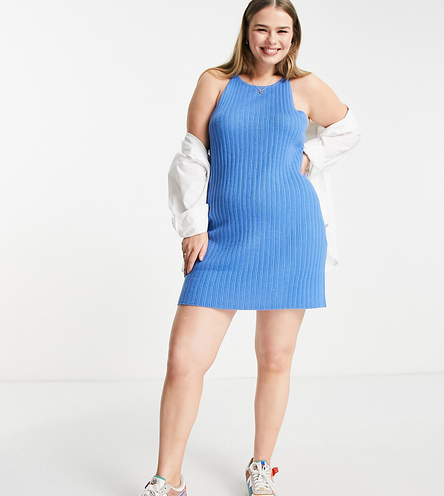 ASOS DESIGN Curve knitted halter mini dress in rib in blue