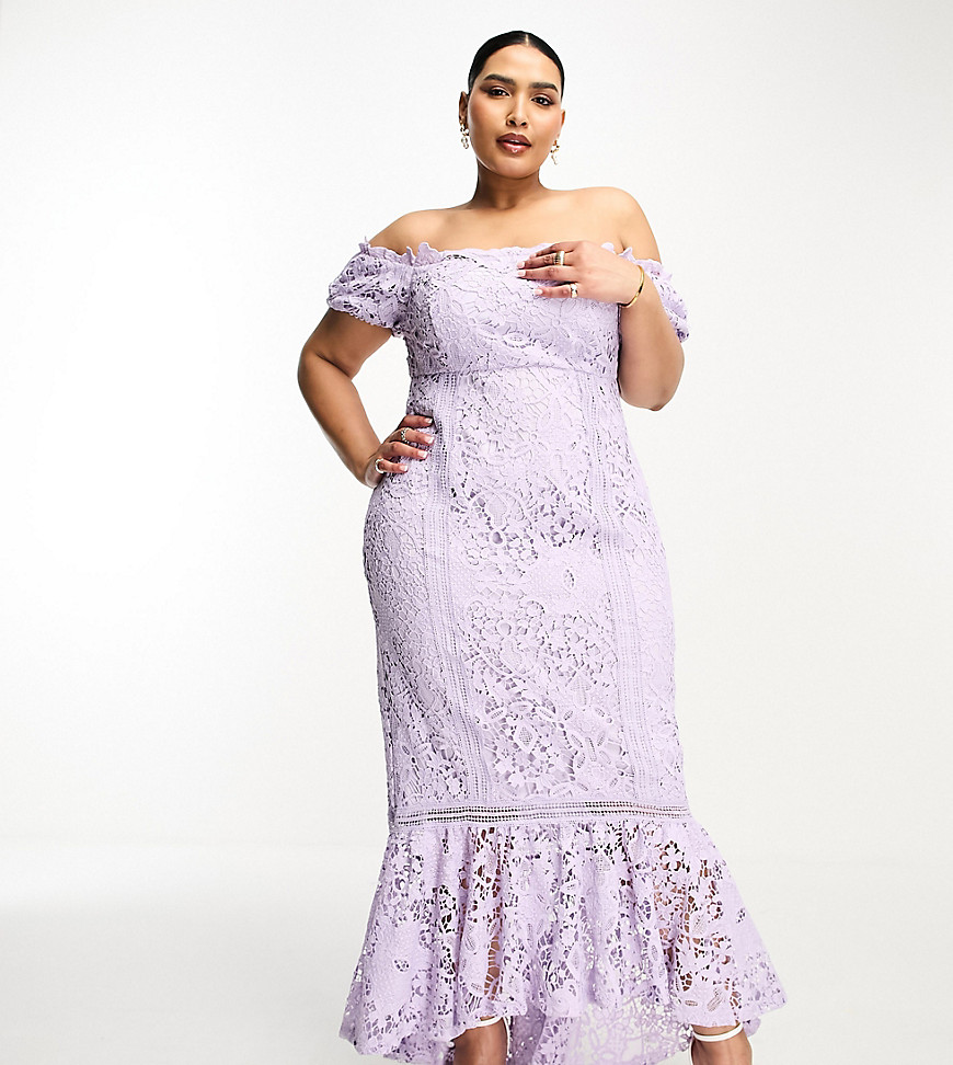ASOS DESIGN Curve lace bardot cut out maxi dress with frill hem in lilac-Purple