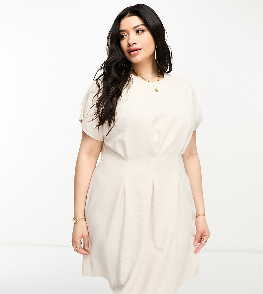 ASOS DESIGN Curve linen nipped in waist mini dress in natural-Neutral