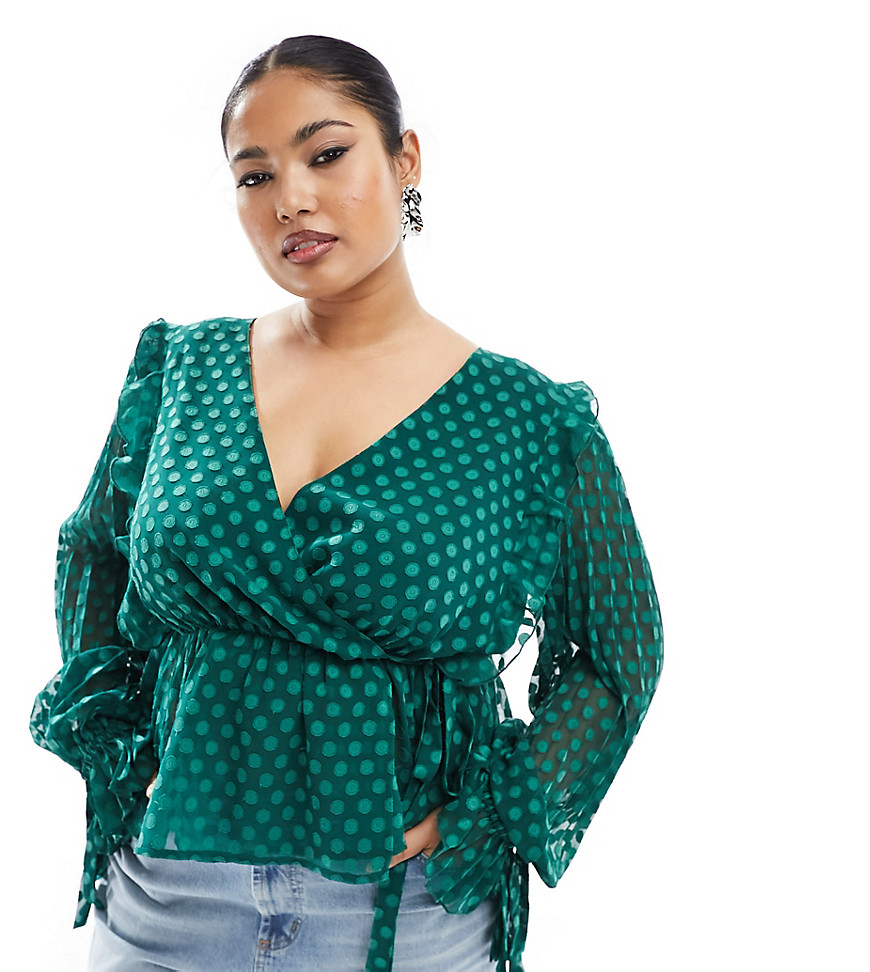 ASOS DESIGN Curve long sleeve dobby top with wrap & ruffle cuff in forest green