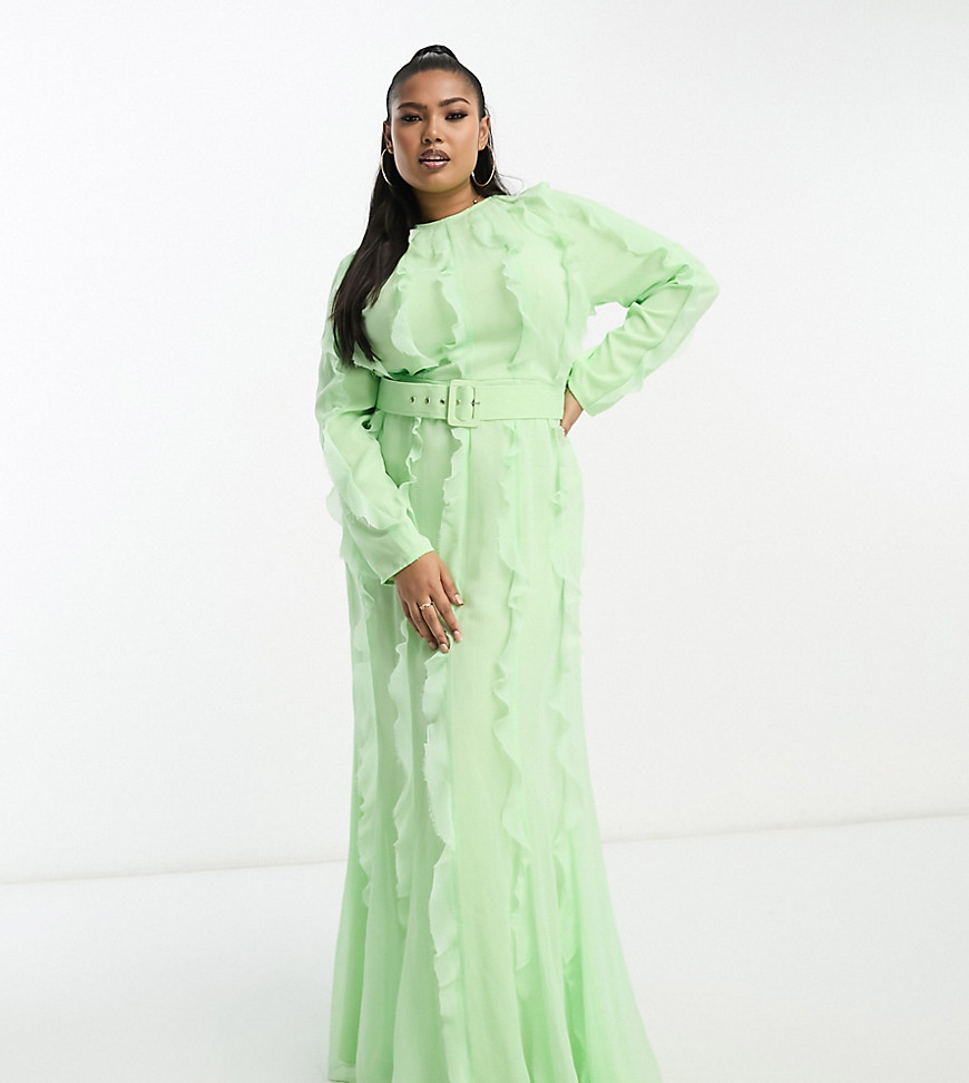ASOS DESIGN Curve long sleeve ruffle detail maxi dress in mint-Green