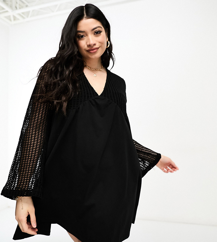 ASOS DESIGN Curve long sleeve v neck crochet mini dress in black