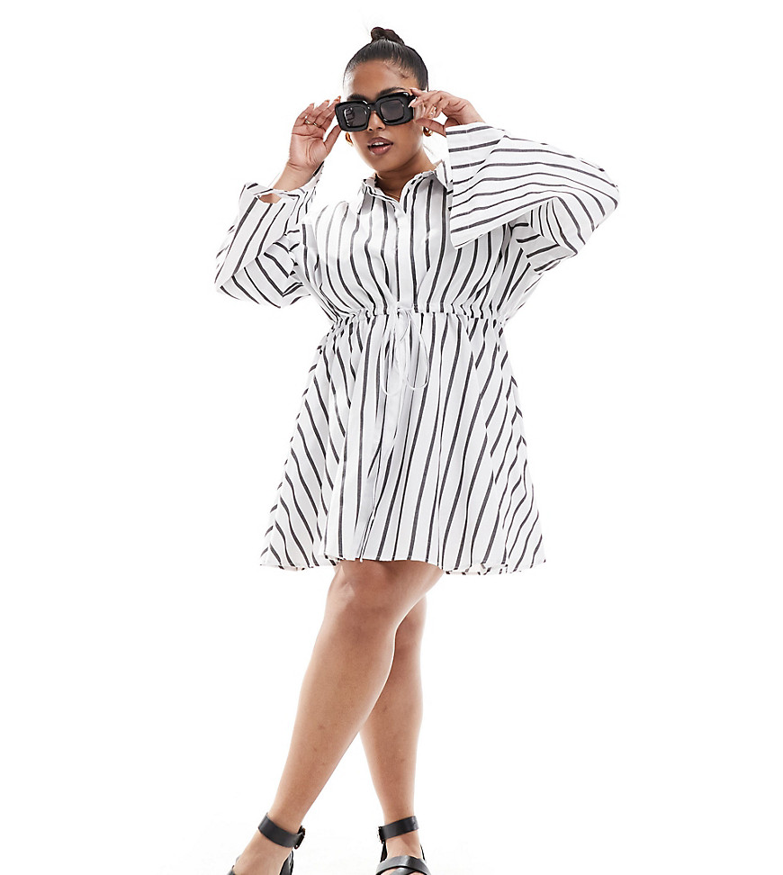 ASOS DESIGN Curve mini shirt dress with ruched belt detail in mono stripe-Multi