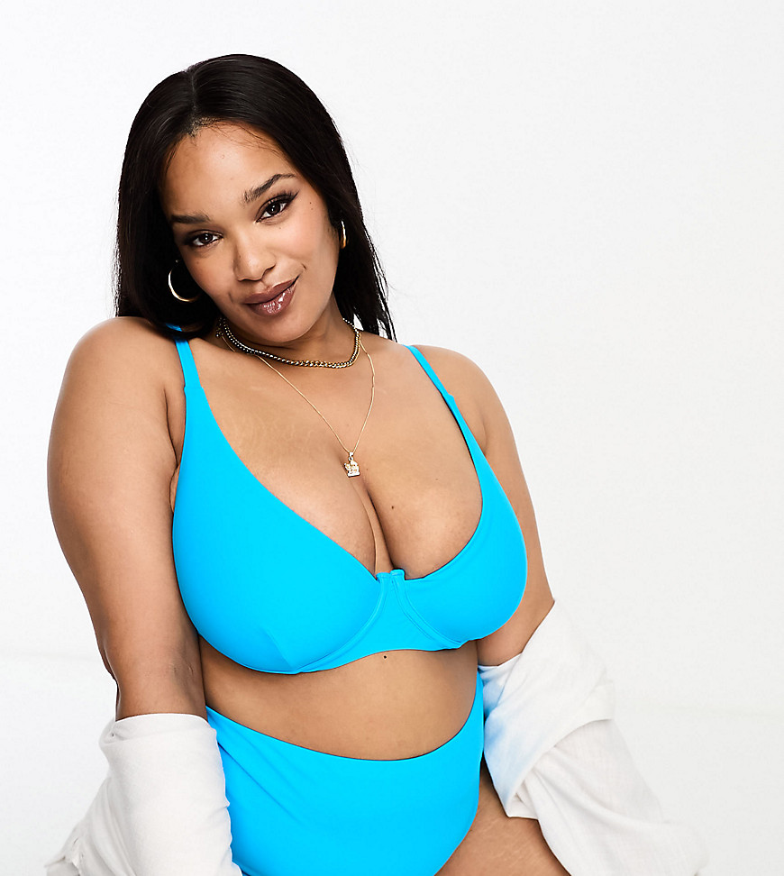 ASOS DESIGN Curve mix and match step front underwired bikini top in bright blue