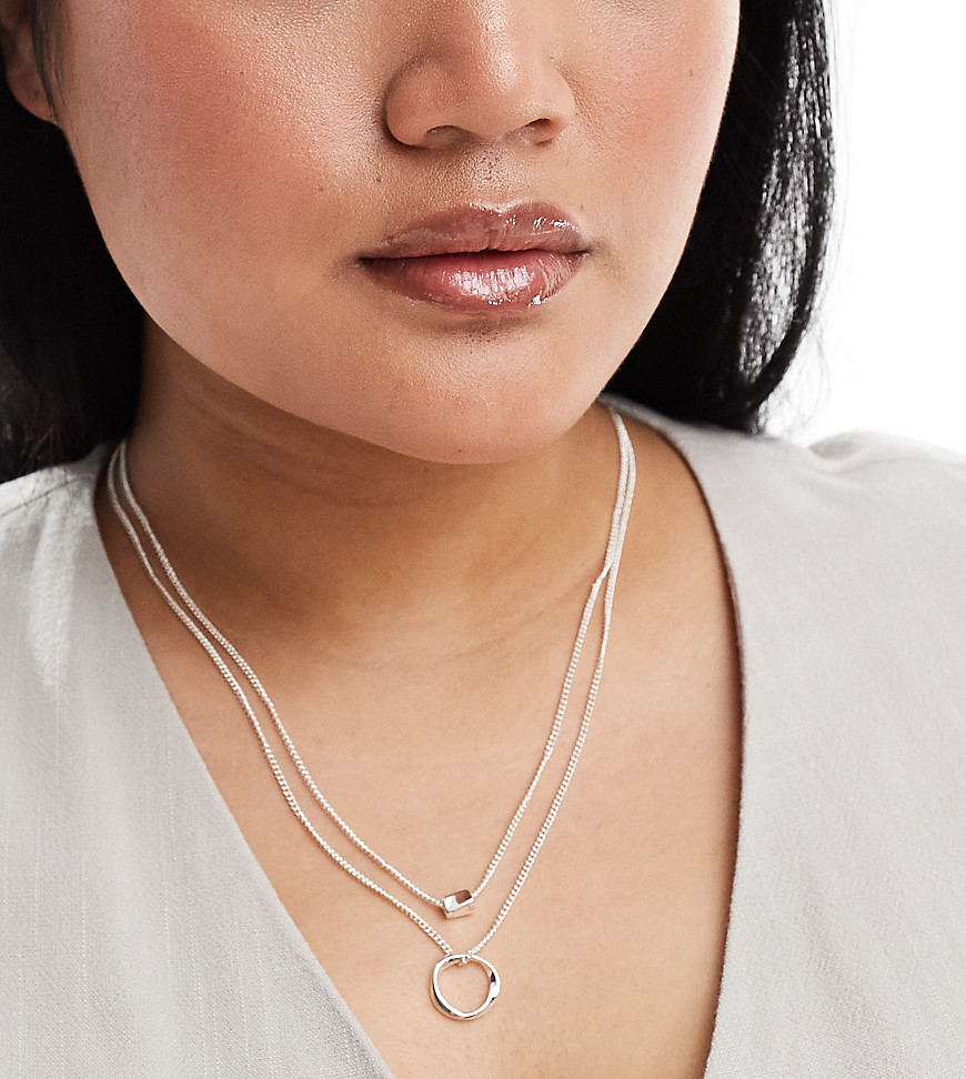ASOS DESIGN Curve multirow necklace with twisted bead and hoop design in silver tone