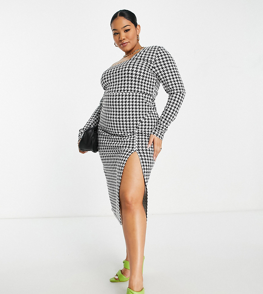 ASOS DESIGN Curve one shoulder long sleeve midi dress with split in mono dogtooth-Multi