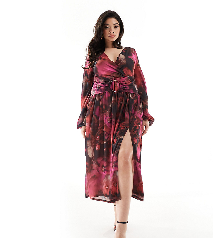 ASOS DESIGN Curve plunge midi dress in blurred floral print-Multi