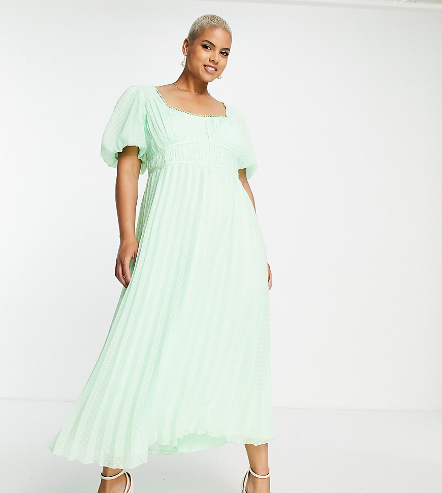ASOS DESIGN Curve puff sleeve pleated dobby midi dress with scallop trim in pastel green