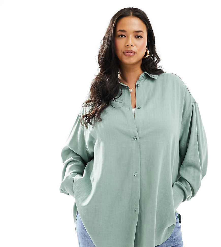 ASOS DESIGN Curve relaxed shirt with linen in green