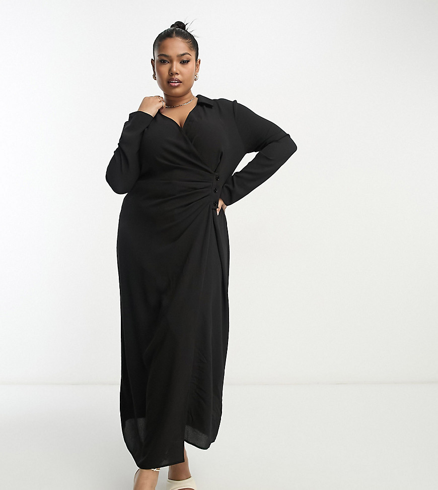 ASOS DESIGN Curve ruched front button up wrap shirt midi dress in black