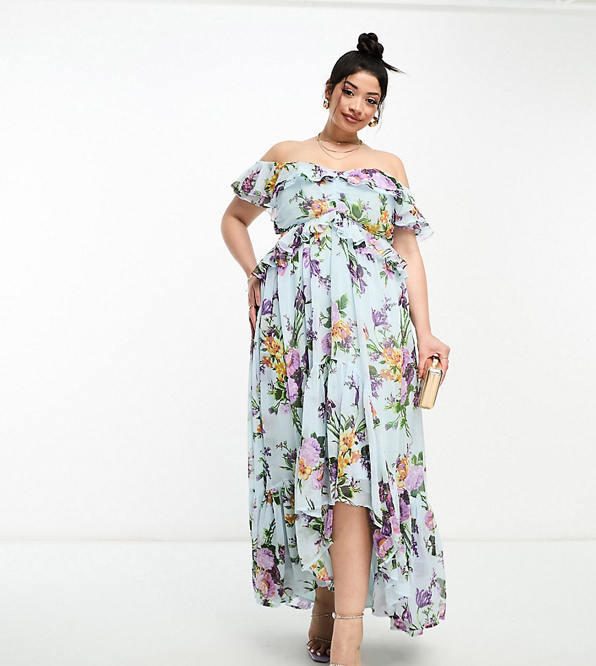 ASOS DESIGN Curve ruffle cut out off the shoulder maxi dress with hi low hem in blue floral print-Multi