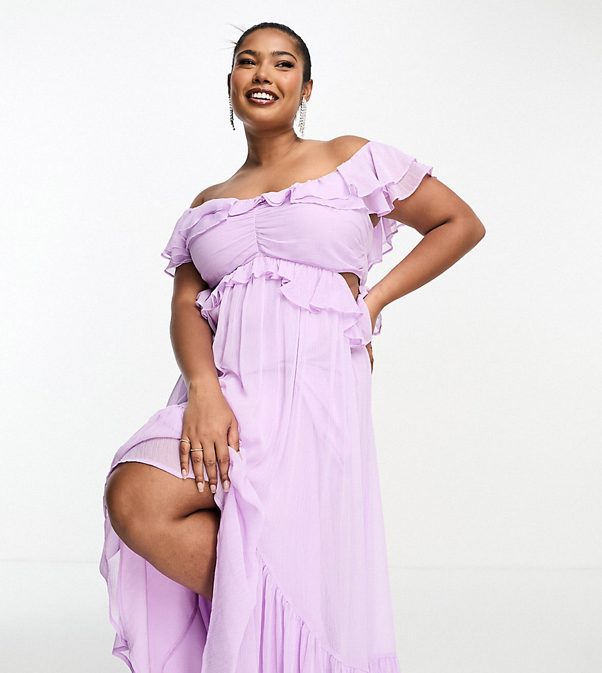 ASOS DESIGN Curve ruffle cut out off the shoulder maxi dress with hi low hem in lilac-Purple
