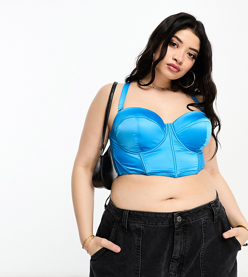 ASOS DESIGN Curve Satin padded underwire corset with detachable straps in blue