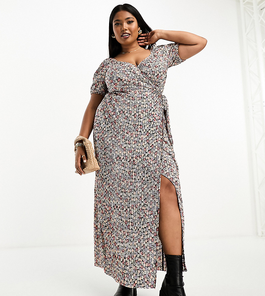 ASOS DESIGN Curve short sleeve plisse wrap midi dress with side tie in black ditsy floral-Multi