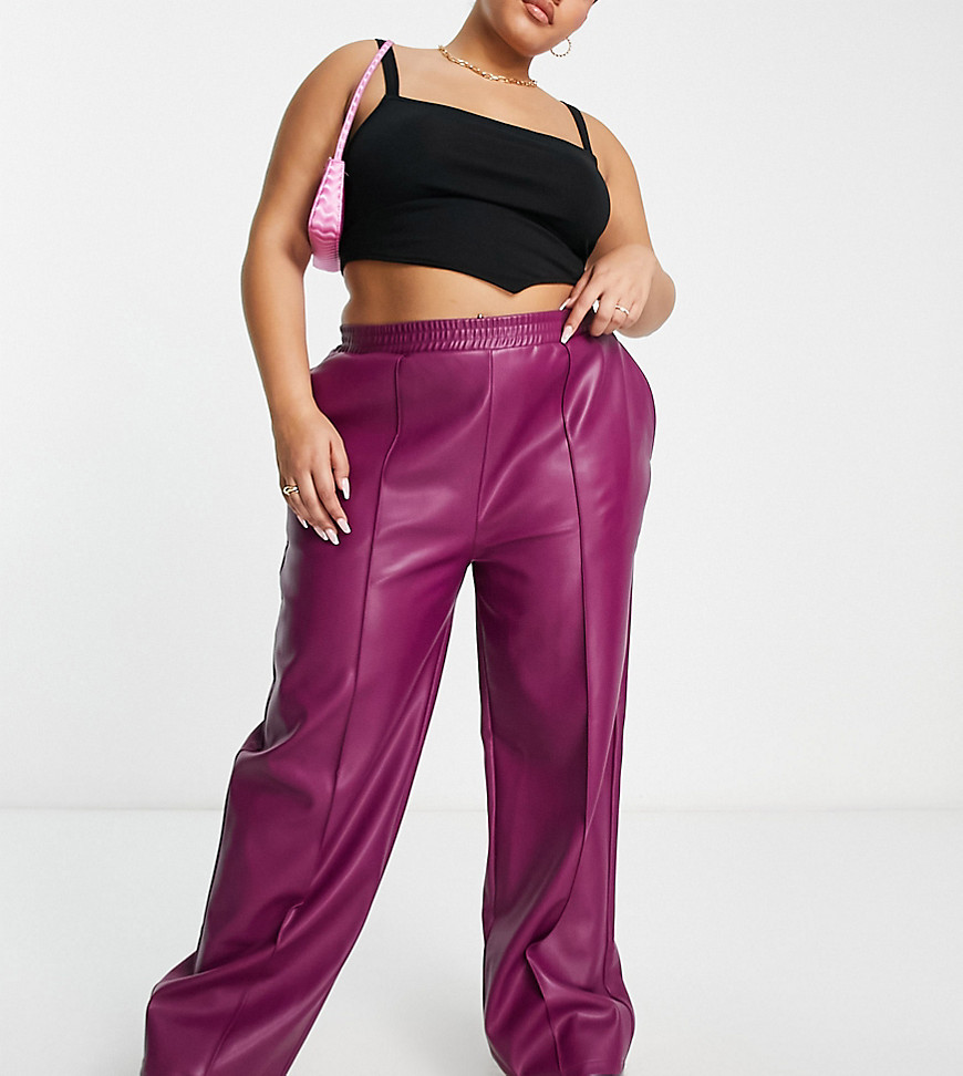 ASOS DESIGN Curve straight faux leather jogger trouser in plum-Red