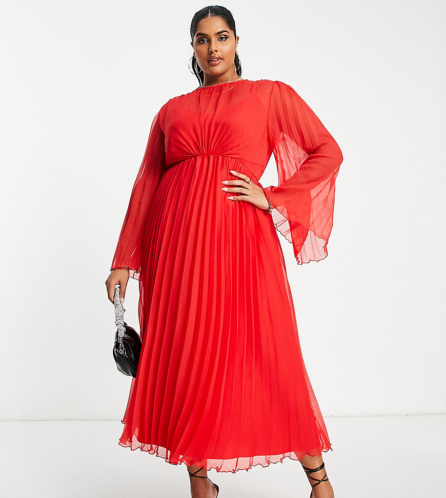 ASOS DESIGN Curve tie back fluted sleeve pleated midi dress in red