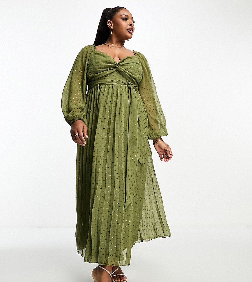 ASOS DESIGN Curve twist front long sleeve dobby chiffon midi dress in olive green