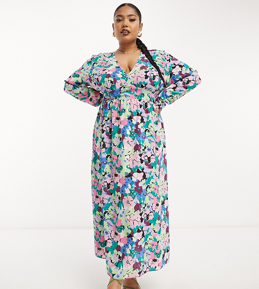 ASOS DESIGN Curve waisted maxi dress in blue floral print-Multi