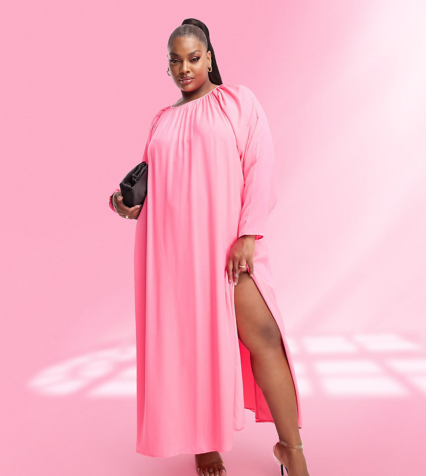 ASOS DESIGN Curve washed satin volume sleeve midaxi dress in fluro pink