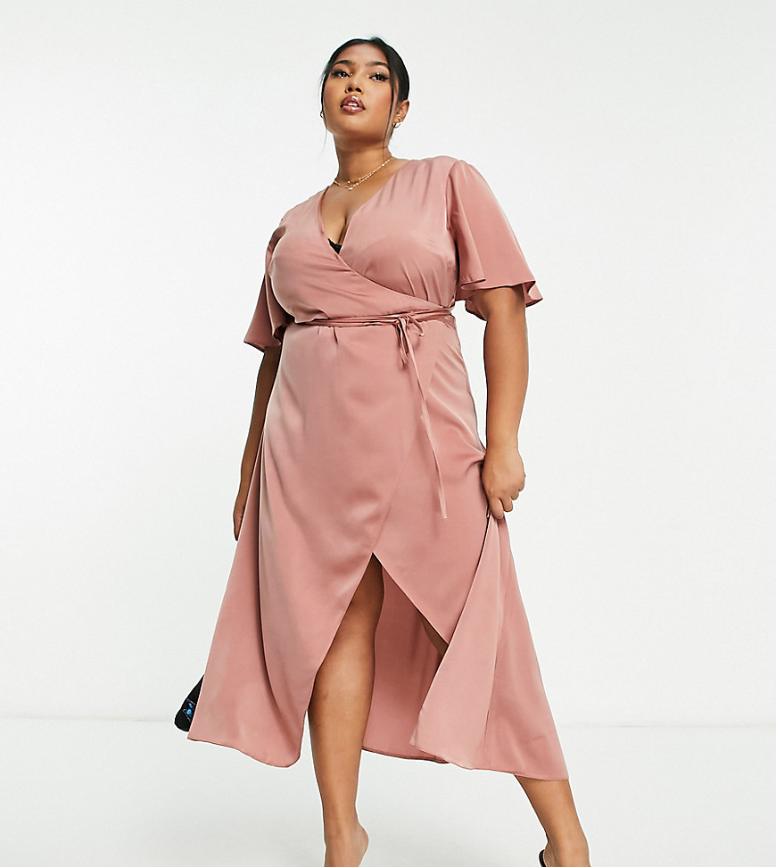 ASOS DESIGN Curve wrap front satin midi dress with tie waist & flutter sleeve in brown