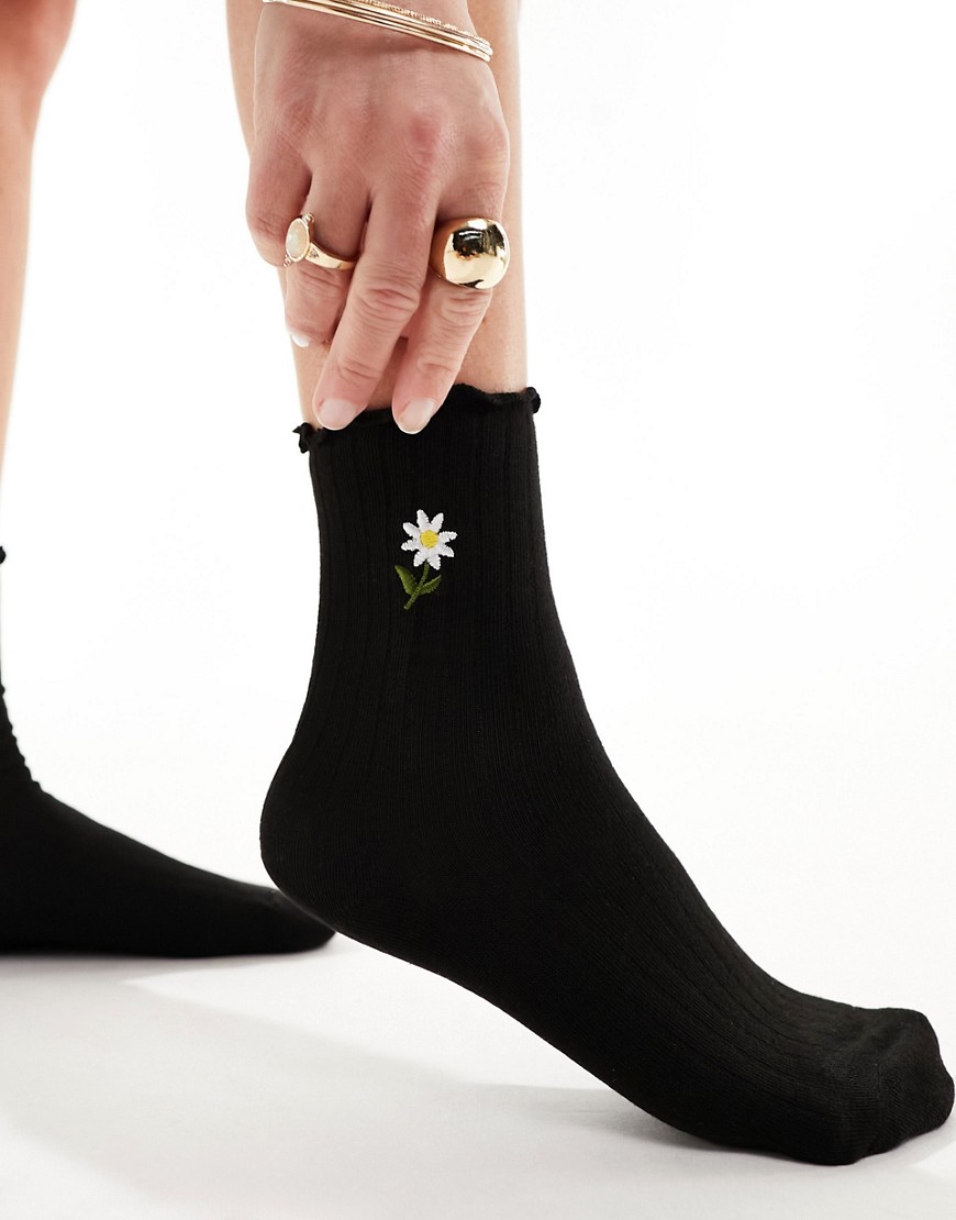 ASOS DESIGN daisy embroidery frill top sock in black